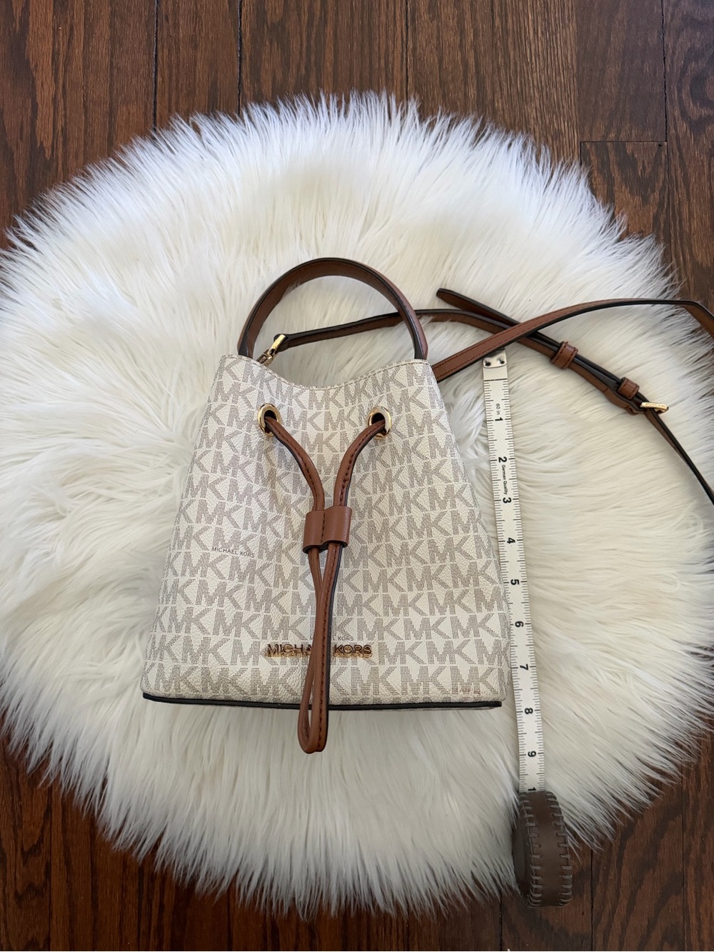 Michael Kors Beige Logo Drawstring Bucket Crossbody with Brown Trim